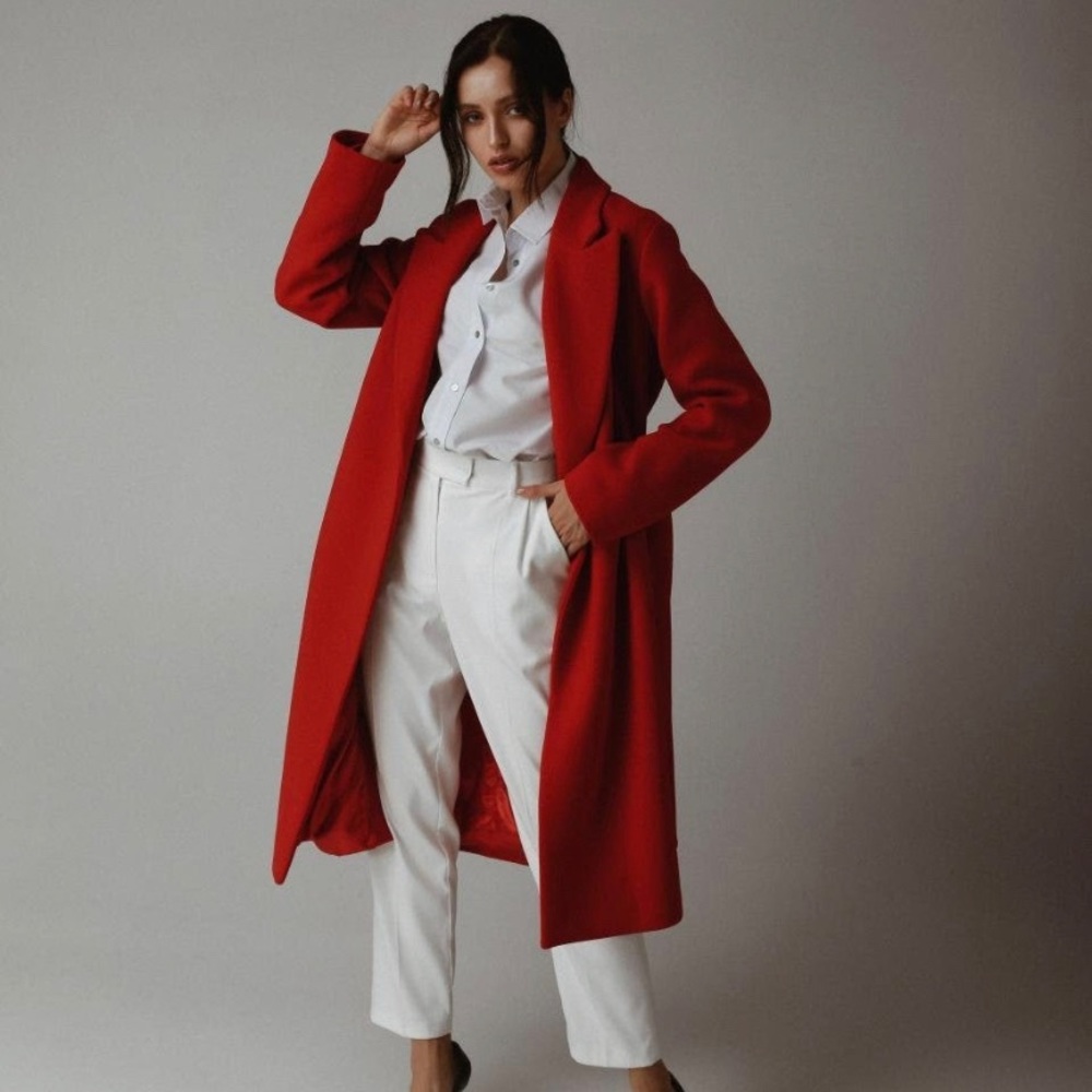Red belted wool trench coat